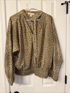 MICHAEL Michael Kors Beige and Brown Leopard Print Tie-Neck Blouse